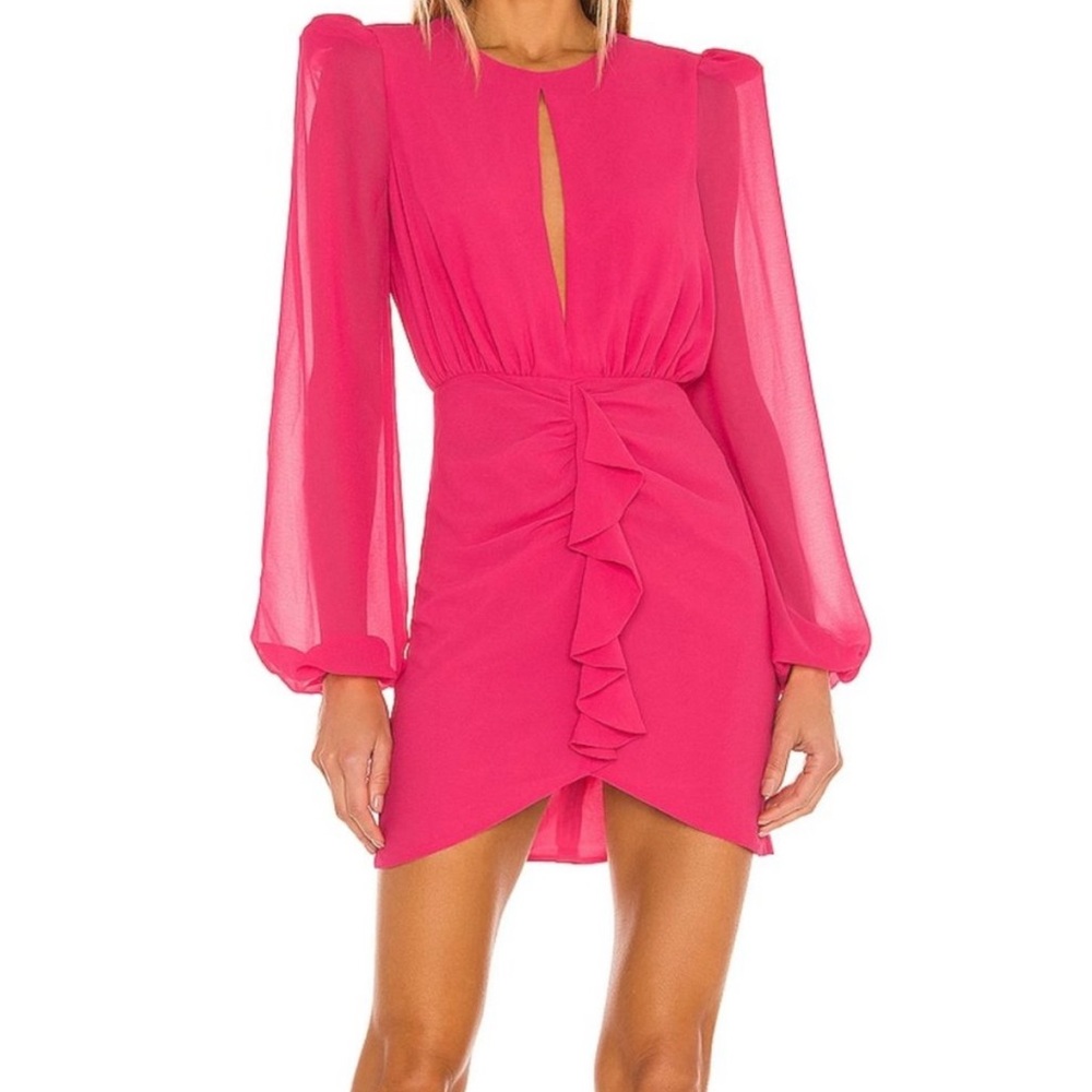 REVOLVE Pink Ruched Ruffled Sheath Dress